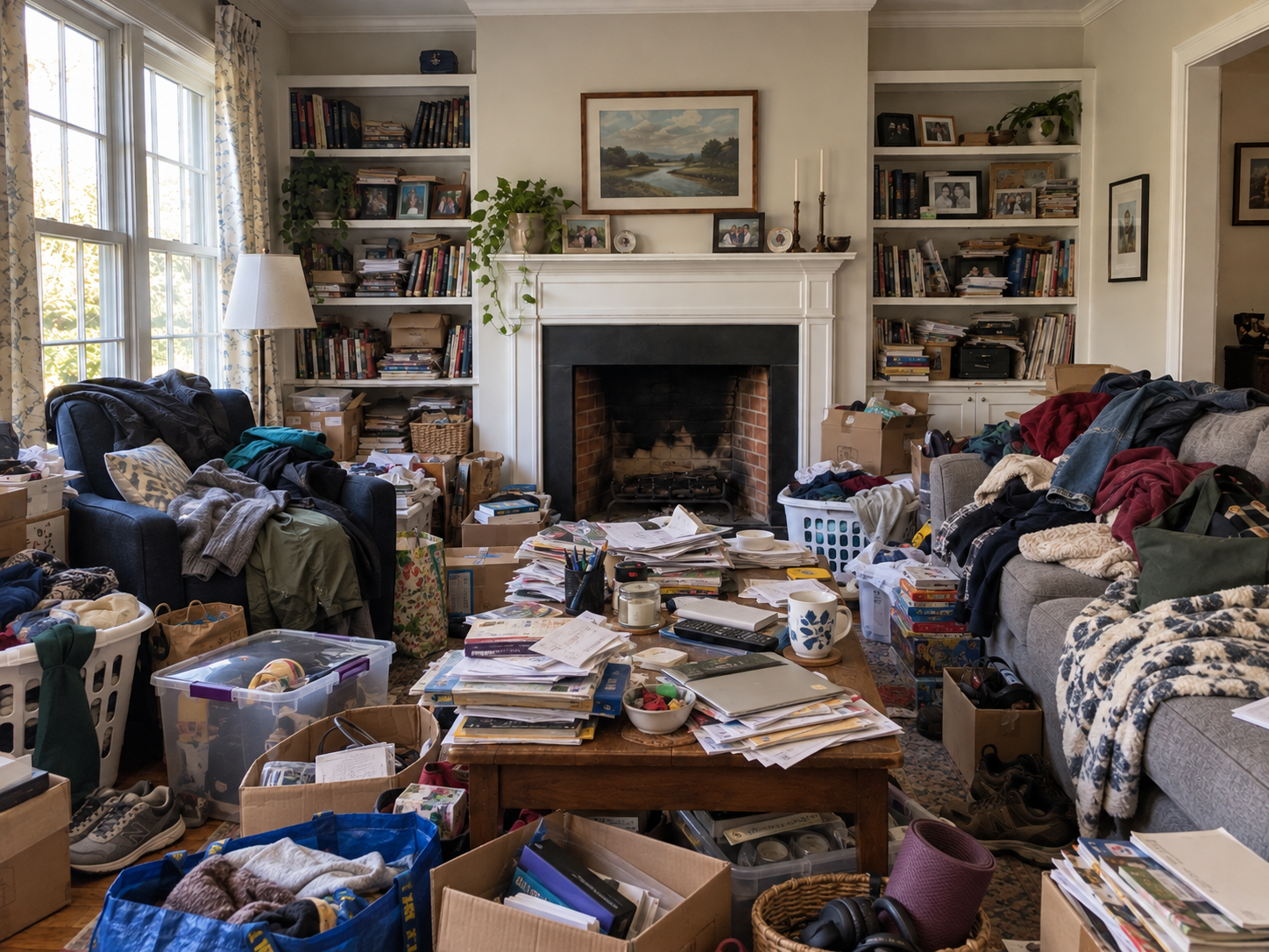 Living room before: cluttered with boxes and piles of belongings