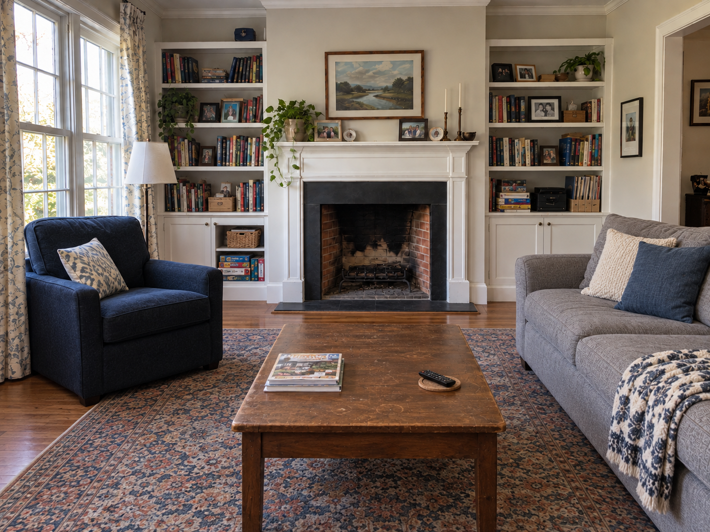 Living room after: cleared, organized, and reset